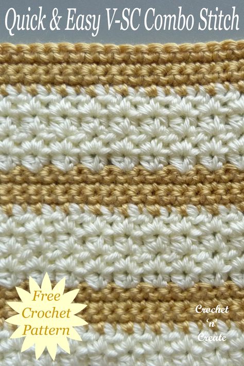 Free crochet tutorial for quick and easy v-sc combo Stitch from crochet 'n' create. Free easy-to-follow pattern. Modern V Stitch Crochet Blanket, Two Color Crochet Blanket Pattern Free, Pretty Crochet Stitches, Crochet Quilts, Crochet Knowledge, Lap Blankets, V Stitch Crochet, Beginning Crochet, Crochet Dreams