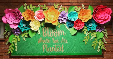 Paper flower bulletin board April PTA silhouette cameo spring Paper Flower Bulletin Board, Flower Bulletin Board, Flower Bulletin Boards, April Bulletin Boards, Spring Classroom Door, Art Bulletin Boards, Bulletin Board Paper, Spring Bulletin, School Door Decorations