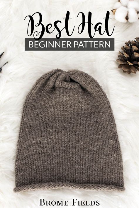 beginner stockinette stitch knit hat displayed on faux fur blanket Knit Hat Pattern Free Worsted, How To Knit Hats For Beginners, Simple Knitted Hat, Simple Knit Hat Pattern Free, Free Hat Patterns Knitting, Knitted Hat Patterns Free Women Easy, Knit Beanie Pattern Free Easy, Bulky Yarn Knit Hat Pattern Free, Free Knit Beanie Patterns