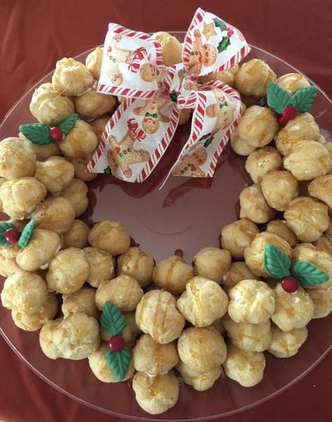 Cream Puff Christmas Wreath Christmas Cream Puffs, Creme Puffs, Creme Puff, Cream Puff, Xmas Food, Cream Puffs, Christmas Recipes, Christmas Desserts, Christmas Wreath