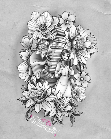 Disney Cover Up Tattoos For Women, Disney Calf Tattoos For Women, Disney And Flower Tattoo, Black And Gray Disney Tattoos, Disney Cover Up Tattoos, Disney Flower Tattoo, Disney Half Sleeve Tattoo, Belle Tattoo Disney, Beast Tattoo Design