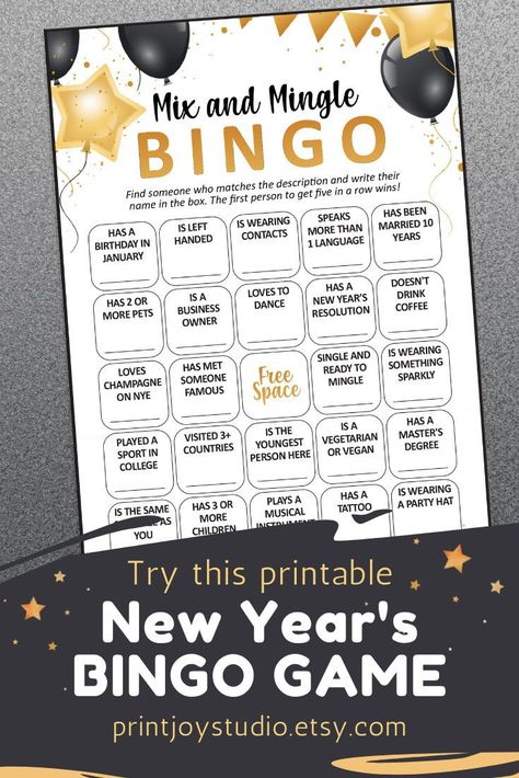 Welcome the new yeay with this Mix and Mingle Bingo game! An entertaining and interactive way to bring people together. Download your game now and set the tone for a fantastic celebration: https://etsy.me/3RvNOXB Mingle Bingo, Nye Games, Find The Guest Game, Find The Guest Bingo, Guest Bingo, Fun Icebreakers, Find The Guest, New Year's Party, Icebreaker Activities