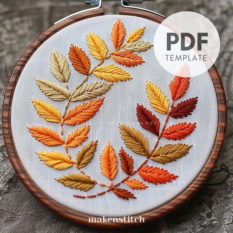 Embroider a cute fall-themed decoration with this fall leaves hand embroidery pattern! This sampler showcases beautifully detailed leaves in vibrant autumn colors. Suitable for all skill levels, it's ideal for adding a seasonal touch to your projects or creating unique gifts. PLEASE NOTE: *  This is NOT a complete pattern - Only the template is provided. An image of the finished design is included for inspiration. * The pattern does NOT include step-by-step instructions, stitch guides, or color codes. *  This is a digital download, you will receive no physical items with this purchase. YOUR DOWNLOAD INCLUDES: *   Printable pattern scaled to fit 4" to 8" hoops *   Beginner's Embroidery Guide  *   Image of the finished design is included for inspiration. HOW TO ACCESS YOUR DIGITAL FILES: * Easy Fall Embroidery Patterns, Autumn Embroidery, Simple Autumn Embroidery, Embroidered Fall Leaves, Autumn Leaves Embroidery, Free Autumn Embroidery Patterns, Autumn Leaf Embroidery Pattern, Dog Portrait Drawing, Fall Embroidery Designs