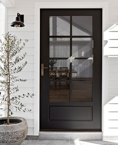 black doors interior • Instagram Entry Inspiration, Black Entry Doors, Black Exterior Doors, Dark Features, Black Front Door, Light Floors, House Colours, California Bungalow, Black Front Doors