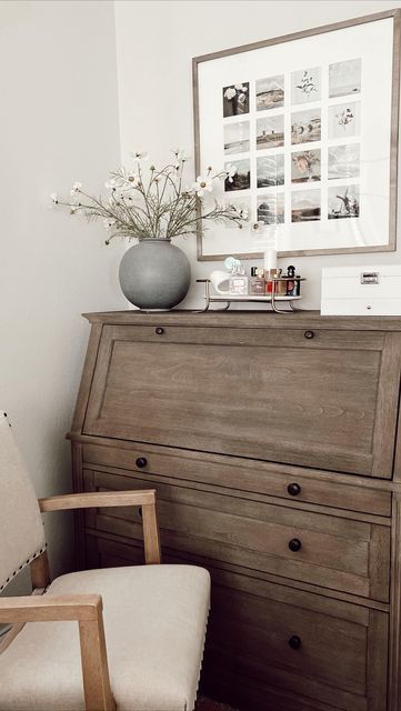 N I N A on Instagram: "small space setup 🤍 I had this lil alcove in my bedroom and decided that this would be the most functional use for that space! This secretary desk doubles as a dresser and desk and I just love it so much 🥲 finally decided after years to hang this picture up too lol some details here: + using the space on top to hold my daily items like jewelry and perfumes + tray: it’s from Magnolia Home and I have used this tray in my kitchen sink area, love it so much I ordered a seco Desk As Nightstand Small Spaces, Desk As Nightstand, Dresser And Desk, Small Secretary Desk, Kitchen Sink Area, Bedside Dresser, Double Desk, Small Dresser, Dresser Desk