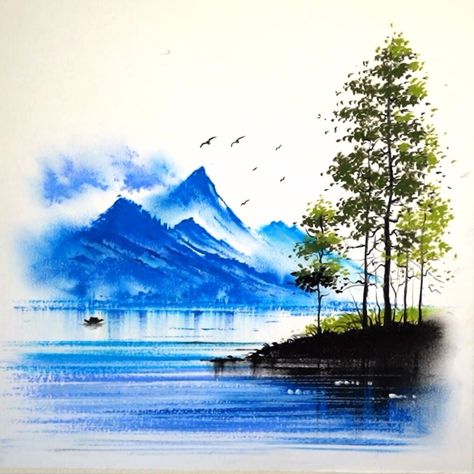 Mountain Scenery Drawing, Mountain Lake Drawing, River Scenery Drawing, Drawing Lake, Pastel Scenery Drawing, Beautiful Scenery Oil Pastel, Morning Drizzle Oil Pastel, Lake Drawing Oil Pastel, Mountain Oil Pastel