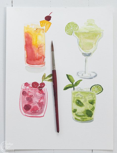 Watercolour Small Painting, Watercolor Summer Art, Funky Watercolor Art, Watercolour Cocktails, Water Colors Painting Easy, Watercolor Art Simple, Water Colors For Beginners, Summer Watercolor Paintings, August Watercolor