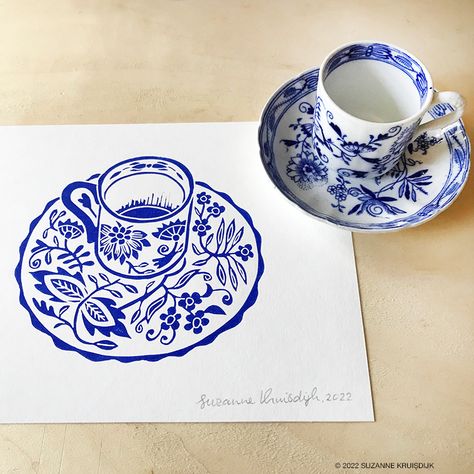 Paper Flower Patterns, Coffee Cup Art, Hand Carved Stamps, The Color Blue, Printed Cups, Tattoos Gallery, Thrift Shop, Lino Print, Typography Prints