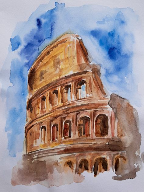 The Colloseum Drawing, Art Reference Watercolor, Europe Painting Easy, Italian Drawings Easy, Watercolor Italy Easy, Watercolor Art Italy, Coliseum Painting, Coliseum Drawing, Drawings Of Italy