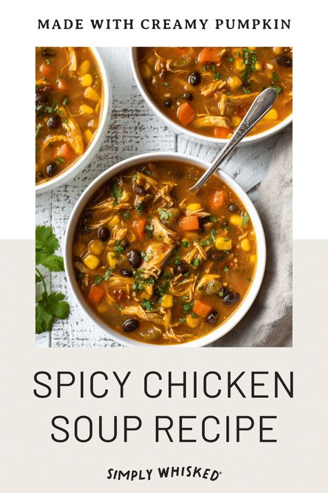 This Mexican-inspired, spicy chicken soup is the perfect healthy soup recipe for fall. It’s made with creamy pumpkin and spicy chipotle peppers, and loaded with hearty chicken, beans and vegetables. And, thanks to a rotisserie chicken, this delicious chicken soup recipe only takes about 30 minutes to make. Makes about 12 servings. Spicy Chicken Soup Recipes, Soups Chicken, Spicy Soup Recipes, Beans And Vegetables, Rotisserie Chicken Soup, Chicken Soup Crockpot, Healthy Soup Recipe, Spicy Chicken Soup, Chicken Beans