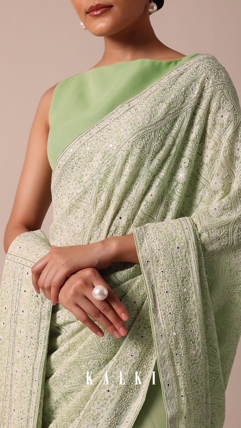 An evergreen choice to exude a regal charm is this beautifully designed saree. Crafted from georgette fabric, it is elevated with all over glimmering sequin embellishments. Showcasing meticulous artistry and timeless Lucknowi chikankari work, it is paired with an unstitched blouse piece. Dress Lehenga, Chikankari Work, Sequin Saree, Painted Clothes Diy, New Saree Designs, Kalki Fashion, Lucknowi Chikankari, Saree Designs Party Wear, New Saree