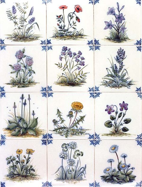 Hand Painted Tiles Diy, Hand Painted Tiles Kitchen, Plant Tiles, Painted Meadow, Castle Leoch, Dutch Houses, Statement Tiles, Dutch Tiles, Floral Tile