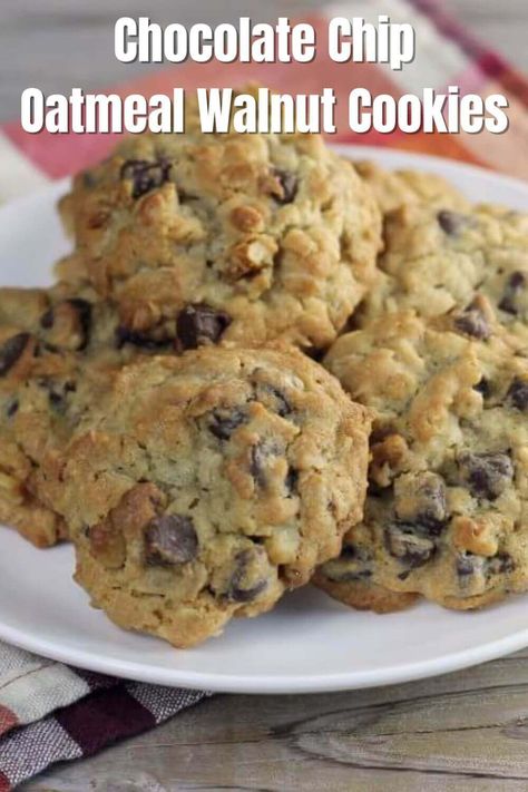 Chocolate Chip Oatmeal Walnut Cookies are delicious with a great texture. Made with semi-sweet chocolate chips, old fashions oats, and crunchy walnuts. #chocolatechipoatmealwalnutcookies #wordsofdeliciousness Chocolate Chip Cookies With Nuts And Oatmeal, Oatmeal Nut Cookies, Oatmeal Chocolate Chip Walnut Cookies, Oatmeal Chocolate Chip Walnut Cookie Recipe, Oatmeal Walnut Chocolate Chip Cookies, Cookies With Walnuts Recipes, Oatmeal Raisin Walnut Cookies, Oatmeal Walnut Cookies, Oats And Chocolate Chips