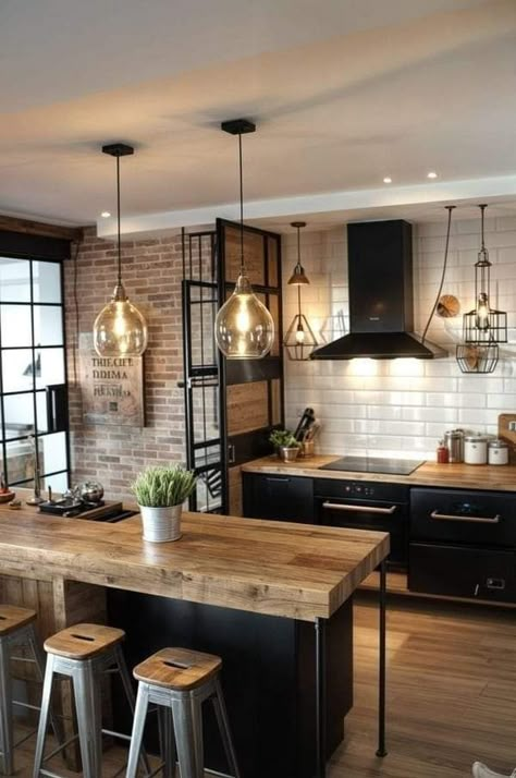 Edgy Kitchen Ideas, Dark Industrial Kitchen, Country Kitchen Ideas Farmhouse Style Rustic, Scandinavian Kitchen Design Ideas, Industrial Themed Kitchen, Industrial Interior Design Kitchen, Minimalist Industrial Interior Design, Industrial Scandinavian Interior, Industrial Kitchen Design Ideas