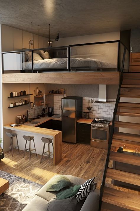 Reformas que eu faria se tivesse dinheiro (@reformaspfazer) on X Lofted Studio Apartment, Loft Bed Over Kitchen, Tiny House Kitchen Under Loft, Masculine Tiny House, Small Garage Loft Ideas, Mezzanine Above Kitchen, Loft Inspo Small Spaces, Men’s Loft Apartment, Small Cabin Loft Ideas