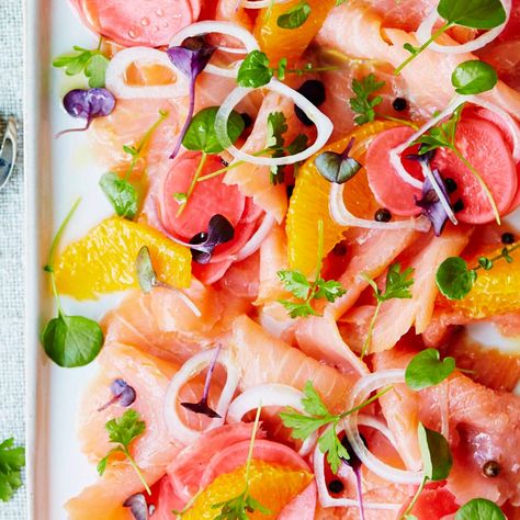 Smoked salmon carpaccio Recipe | Home Beautiful Smoked Salmon Starter, Salmon Starter, Salmon Carpaccio, Carpaccio Recipe, Smoked Salmon Appetizer, Outdoor Renovation, Caraway Seeds, Outdoor Entertaining Area, Ideas Family