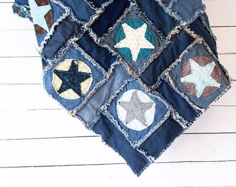 Handmade quilt by Addie and Jean Denim Rag Quilt, Patchwork Flannel, Rustic Blankets, Jean Quilt, Lake Camping, Cottage Lake, Green Tractors, Denim Quilt, Quilt Batting