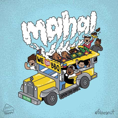 I enjoyed illustrating this jeepney for Mahal BBQ, based in Washington DC. They recently launched, making bbq food items like chicken with tanglad (lemongrass) marinade, bibingka cornbread, cream corn with skyflakes, longganisa, and more... American-style bbq with Filipino flavors by Chef Jerome Grant. I also designed their logo, which I share in my latest blog post. Cornbread Cream Corn, Jeepney Illustration, Jeepney Art, Bbq Cartoon, Lemongrass Marinade, Bbq Logo, Food Festival Poster, Dark Tumblr, Characters From Movies