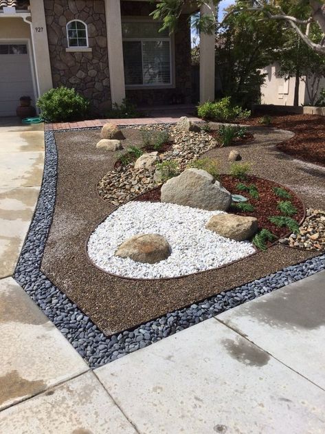 White Rocks Landscaping, Rock Borders Edging, No Maintenance Landscaping, Modern Rock Garden, Rock Borders, Drought Tolerant Front Yard, Rocks Landscaping Ideas, Gravel Patio Diy, Drought Tolerant Landscape Front Yard