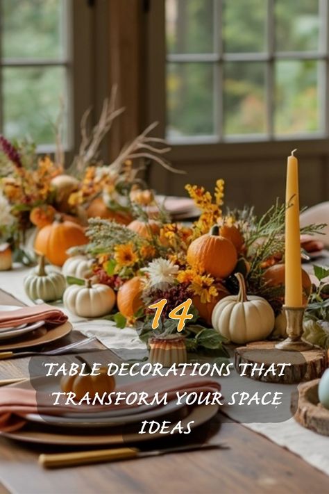 Embrace the fall season with stunning table decorations! These 14 ideas blend warm colors and seasonal elements, creating a cozy atmosphere that transforms your dining space. From pumpkins to vibrant flowers, each setup invites warmth and joy for any gathering. Table Decorations Ideas, Table Decoration Ideas, Formal Dining Set, Creative Tables, Creative Table, Autumn Table, Elegant Centerpieces, Unique Sculptures, Table Inspiration