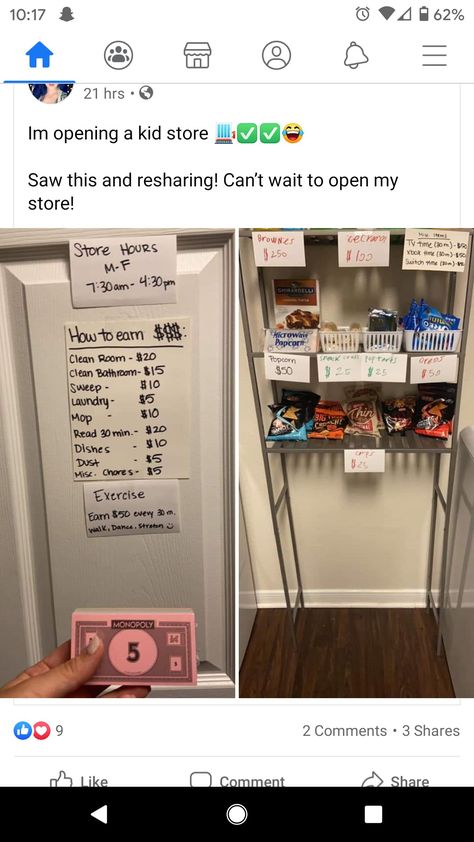 Chores snack store. Kids do chores and are paid in Monopoly money which they can buy snacks with Diy Chore Chart Kids, Uppfostra Barn, Reward System For Kids, Vogue Kids, Kids Rewards, Baby Life Hacks, Parenting Done Right, Chore Chart Kids, Kid Hacks