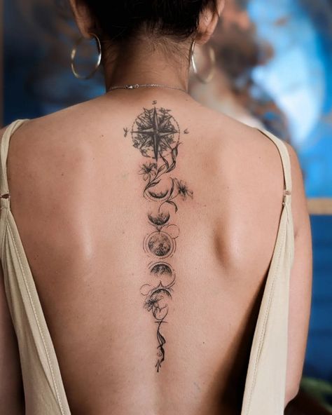 Moon Phase Tattoo Designs, Phases Of The Moon Tattoo Spine, Back Tattoo Women Spine Moon Phases, Spine Tattoo Moon Phases, Moon Phase Spinal Tattoo, Spine Tattoos For Women Moon Phases, Phases Of The Moon Tattoo, Pantone Wedding Colors, Moon Phases Tattoo