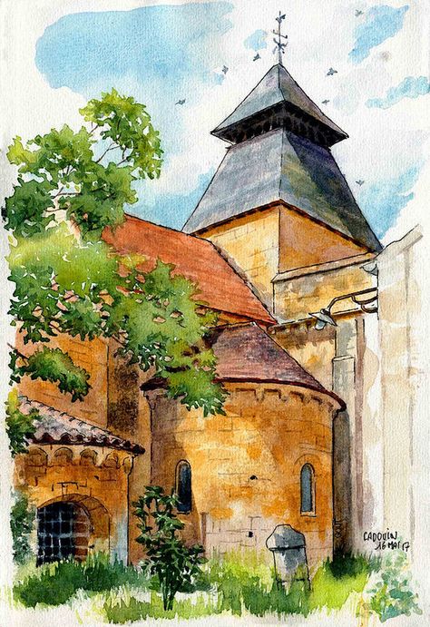 Cadouin, clocher | Catherine Gout | Flickr Architecture Watercolor, Watercolor Scenery, Watercolor Art Landscape, Watercolor Architecture, Watercolor Paintings For Beginners, Diy Watercolor Painting, Architecture Drawing Art, Architecture Painting, Watercolor Painting Techniques