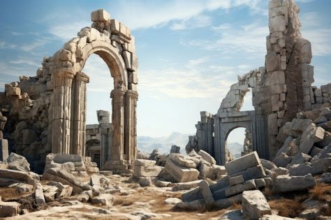 Ancient ruins architecture building rock.  | premium image by rawpixel.com / Adjima Ancient Greek Ruins, Temple Ruins Concept Art, Ancient Ruins Concept Art, Ruined Temple, Greek Ruins, Ancient Background, Ruins Architecture, Building Landscape, Sky Building