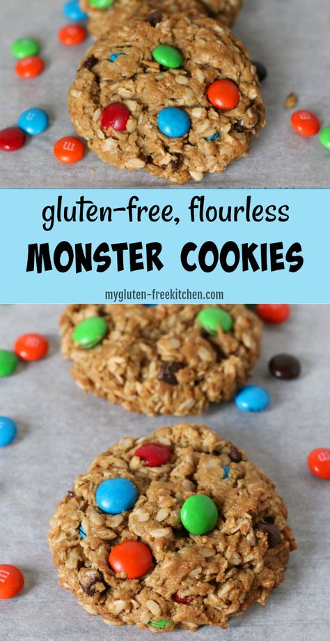 Gluten-free Monster Cookies flourless dessert | My Gluten-free Kitchen Gluten Free Monster Cookies, Cookies Sans Gluten, Gluten Free Diet Recipes, Monster Cookies Recipe, Flourless Cookies, Cookies Gluten Free, Gluten Free Kids, Gf Desserts, Peanut Butter Cookie Recipe