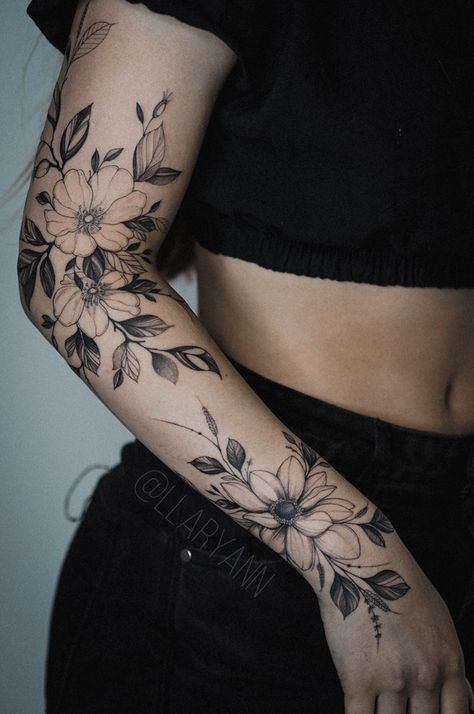 Peony Arm Wrap Tattoo, Flower Forearm Tattoo Black Women, Floral And Plant Tattoo Sleeve, Rose And Leaves Tattoo, Leaves Tattoo Women, Botanical Forearm Tattoo Women, Asher Flower Tattoo, Floral Lower Arm Tattoo, Outside Elbow Tattoo