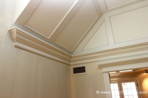 Master bedroom. Flat style coffered ceiling Bedroom Trim, Crown Molding Vaulted Ceiling, Slanted Ceiling Bedroom, Vaulted Ceiling Ideas, Vaulted Ceiling Lighting, Ceiling Crown Molding, Vaulted Ceiling Living Room, Trim Carpentry, Fireplace Mantles