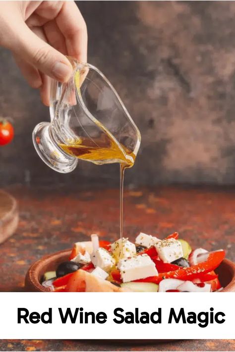 Hand pouring red wine dressing over a fresh vegetable salad in a bowl. Red Wine Vinegar Salad Dressing Recipe, Red Wine Vinegarette, Red Wine Vinegar Salad Dressing, Curried Egg Salad Recipe, Red Wine Vinegar Dressing, Vinegar Salad Dressing, Crab Salad Recipe, Gourmet Salad, Sweet Red Wines