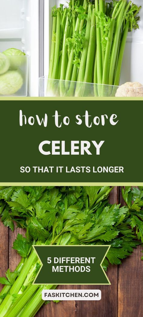 An image of fresh celery with text explaining 5 easy ways to store it. Learn how to keep your celery crisp and fresh for longer. Ideal for anyone looking to improve their food storage skills. #Celery #FoodStorage #KitchenHacks Can You Freeze Celery, Storing Celery, Store Celery, How To Freeze Celery, How To Store Celery, Growing Celery, Freezing Vegetables, Storing Fruit, How To Store