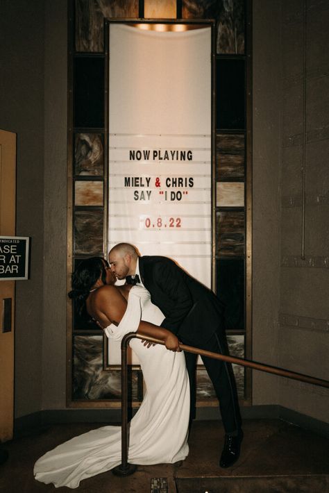 Unique and Playful Wedding in a Brooklyn Movie Theatre Wedding Ideas Movie Theme, Wedding Themes Aesthetic, Movie Poster Engagement Photos, Movie Theatre Wedding Ceremony, Pop Culture Wedding Ideas, Movie Wedding Aesthetic, Projector At Wedding, Engagement Photos Theatre, Wedding In A Theatre