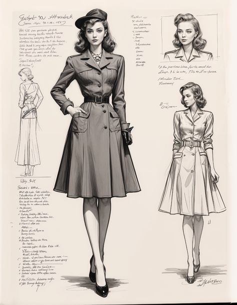 1940s Photos Women, 1930s Woman Fashion, Vintage Fashion Design Sketches, 1940s Trench Coat, 1940s Glamour Fashion, French 40s Fashion, Retro Elegant Dress, 1940s Italian Fashion, 40s Clothes Women