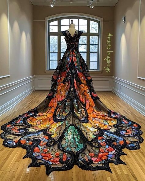 Dress For Fashion Show Outfit, Stained Glass Gown, Stained Glass Corset, Tessa Outfits, Stained Glass Dress, Recycled Gown, Black Bridal Dresses, Fairytale Fashion, Black Bridal