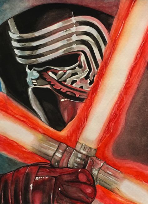 Star Wars Kylo Ren Watercolor Painting Star Wars Colored Pencil Art, Star Wars Watercolor Painting, Kylo Ren Painting, Art Nouveau Posters, Star Wars Canvas Art, Denim Paint, Sequel Trilogy, School Drawing, Star Wars Colors