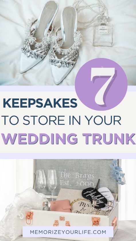 Wondering what to do with all those sentimental items after your big day? Check out our list of 7 must-have wedding keepsakes for your wedding trunk. From your wedding day perfume to customized bridal shoes, find out what to put in your memory trunk to preserve those special moments. Visit our blog for more wedding planning and organization ideas! Wedding Day Perfume, Keepsake Trunk, Wedding Trunk, Bridal Planner, Wedding Shower Gifts, Vow Book, Wedding Quotes, Future Bride, Wedding Keepsakes