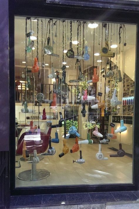 Open Back Window Display, Hair Salon Fall Decorating Ideas, Hairdresser Window Display, 90s Salon Aesthetic, Salon Window Ideas, Funky Hair Salon Decor, Nail Salon Window Display, Hair Salon Retail Display Ideas, Salon Display Ideas