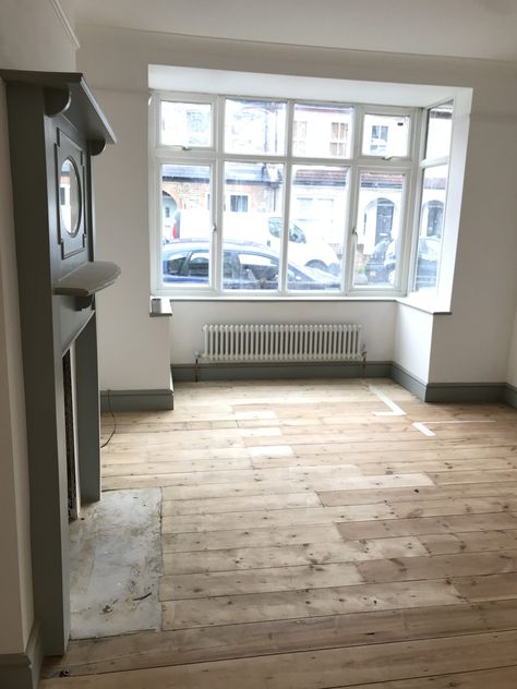 Sanded Pine Floorboards, Original Floorboards, Living Room Knock Through, Apartment Apothecary, Upstairs Landing, Wooden Floorboards, Renovation Costs, Pine Boards, Throw In The Towel