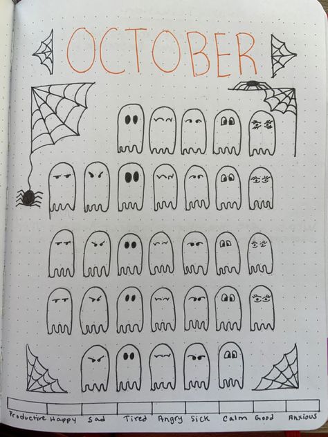 This cute page of ghosts will help you to track your mood every day. Choose your own mood/emotions and pick a colour for each one. Colour it in with the mood from the day or more then one emotion you felt during the day. Ghost Mood Tracker, Bujo Monthly Tracker, October Diary Ideas, October Weather Tracker, Fall Mood Tracker Bullet Journal, Journal Tracker Template, Fall Mood Tracker, Halloween Mood Tracker, Mood Tracker September