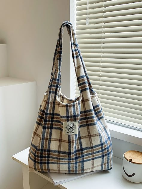 Sac Tote Bag, Plaid Tote Bag, Tote Bags For School, Plaid Tote, Bags For Teens, Houndstooth Pattern, Shoulder Tote Bag, Large Bag, Shopper Bag