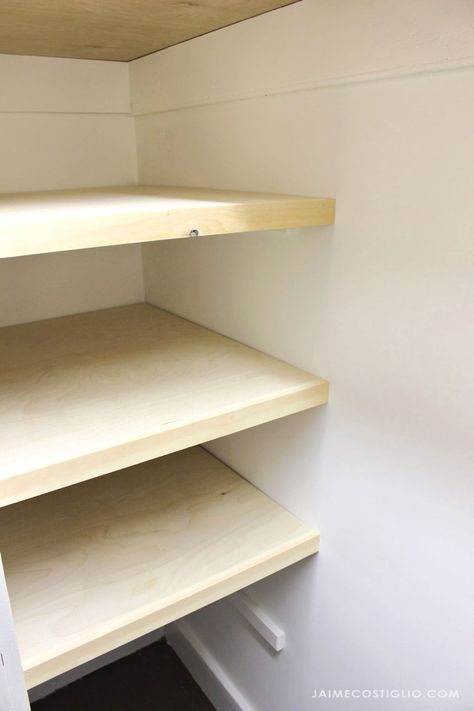 A DIY tutorial to build shelves in a hall linen closet. Tackle that messy, disorganized space with fresh paint and new shelves. Diy Built In Linen Closet, Shelves In Linen Closet, Wooden Closet Shelves, Linen Closet Shelves, Build Shelves, Wood Closet Shelves, Linen Closet Makeover, Diy Closet Shelves, Closet Shelving