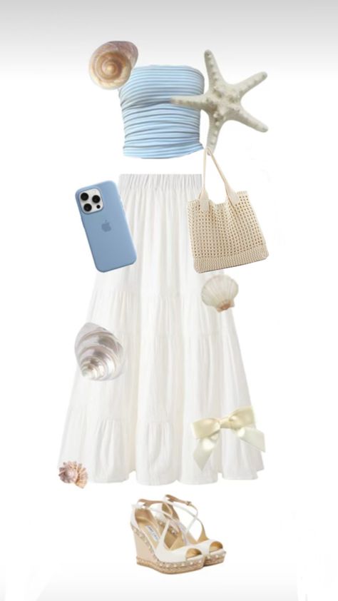 #seashells #ocean #beach #outfitinspo #coastalgranddaughter #beachbum #mammamia #iloveicecream19 Mamma Mia Aesthetic Dress, Beach Theme Dance Outfit, Outfits Inspired By Mamma Mia, Florida Outfit Aesthetic, Outfits For Seaworld, Cute Costal Outfits, Simple Beach Outfits Casual, Blue And White Beach Outfit, Coastal Aesthetic Clothes