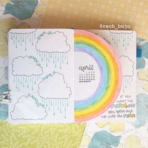 Last weekly spread of April! This was so fun to make. ❤️🧡💛💚💙💜 . . . . [ #accessibility : For this weekly spread, seven rain clouds are draw… | Instagram Rainbow Journal Ideas, Rain Bullet Journal, Bullet Journal Summer, April Journal, 2025 Bujo, 2024 Bujo, Bujo Spread Ideas, April Bujo, Bullet Journal Yearly