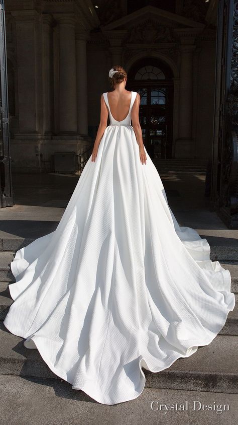 Crystal Design 2018 Wedding Dresses | Wedding Inspirasi -- crystal design 2018 sleeveless deep v neck simple princess elegant ball gown a line wedding dress open scoop back royal train (ivanna) bv #Couture ~ Royal Train, Elegant Ball Gowns, Wedding Inspirasi, White Wedding Dress, Dream Wedding Ideas Dresses, Wedding Dresses Satin, Princess Wedding Dresses, Crystal Design, Princess Wedding