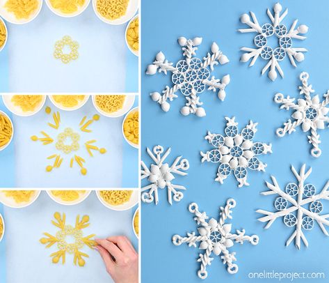 These pasta snowflakes are SO PRETTY! Glue together dried pasta noodles to make beautiful snowflake shapes! It's such a fun and easy kids craft for winter and Christmas. Hang your pasta snowflake ornaments on the Christmas tree or use them as decorations for the whole winter season! Pasta Snowflake Craft, No Bake Ornaments For Kids, Big Kid Christmas Crafts, Christmas Elementary Crafts, Winter Tree Crafts For Kids, Holiday Crafts With Kids, Christmas Tree Ornament Crafts For Kids, Christmas Noodle Crafts, Snowflake Projects For Kids