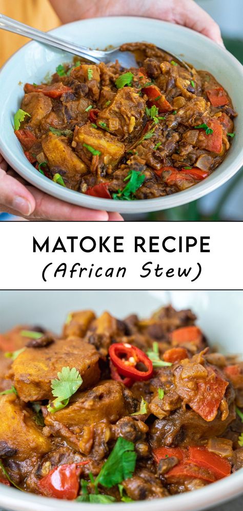 Matoke is a Ugandan stew made with Matoke (green bananas), vegetables, protein, and a spice mix. Our recipe for this typical African stew includes beans for plant-based protein and plantain instead of Matoke, as they are widely available. T #africanfood #africa #stew #veganstew #greenbanana #matoke Plantain Recipes African, West African Vegan Recipes, West African Vegetarian Recipes, African Recipes Vegetarian, African Food Recipes Ghana, Plant Based African Recipes, African Plantain Recipes, Vegan West African Food, African Cooking Recipes