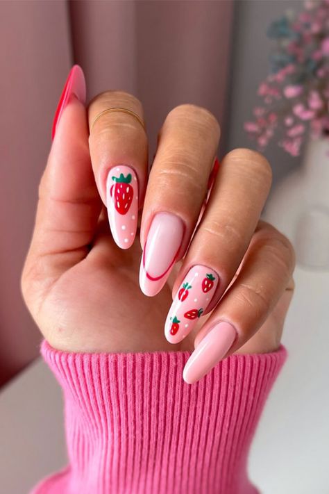 strawberry nails, strawberry nail designs, strawberry nail art Pink Strawberry Nails, Strawberry Nail Designs, Nails Strawberry, Strawberry Nail Art, Strawberry Nail, Strawberry Nails, Nail Looks, Graduation Nails, Valentine Nail Art