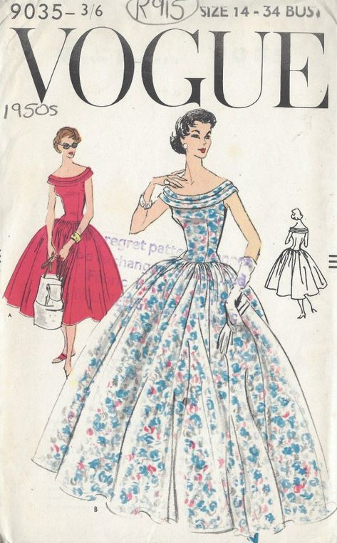 1950s-Vintage-VOGUE-Sewing-Pattern-B34-DRESS-R915-251967020518 How To Dress For A Wedding, 1950s Sewing Patterns, Vintage Vogue Sewing Patterns, Vogue Vintage, Pattern Dress Women, Vintage Dress Patterns, Full Skirt Dress, Vogue Sewing, Vogue Sewing Patterns